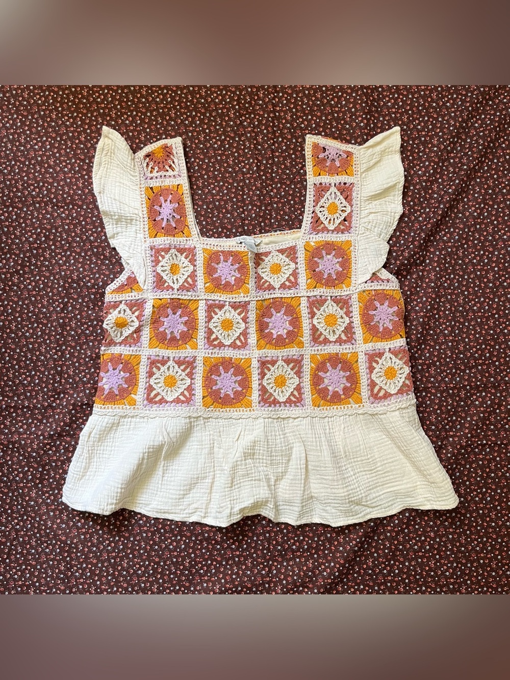 Cato White Cotton Peplum Tank with Pink & Orange Crochet Squares